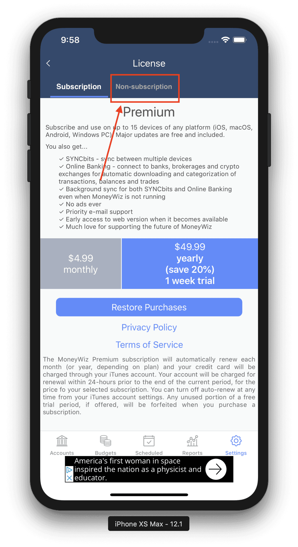 Mobile App Premium Subscription Options Screenshot PNG