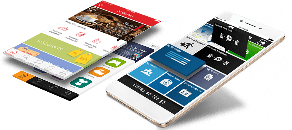 Mobile Apps Display Concept PNG — Modern smartphones display layered app interfaces with vibrant icons and text against a clean white background.