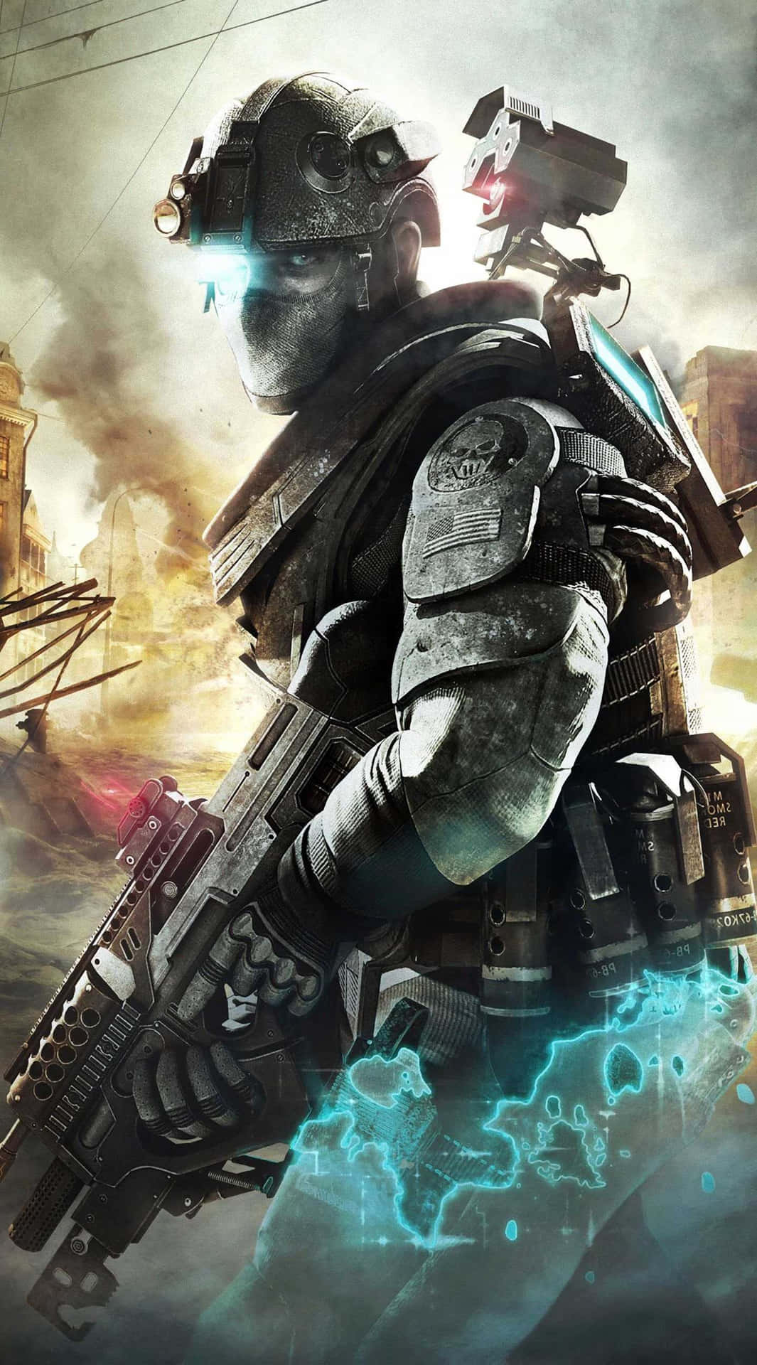 En soldat i et videospil holder et gevær og skjold Wallpaper