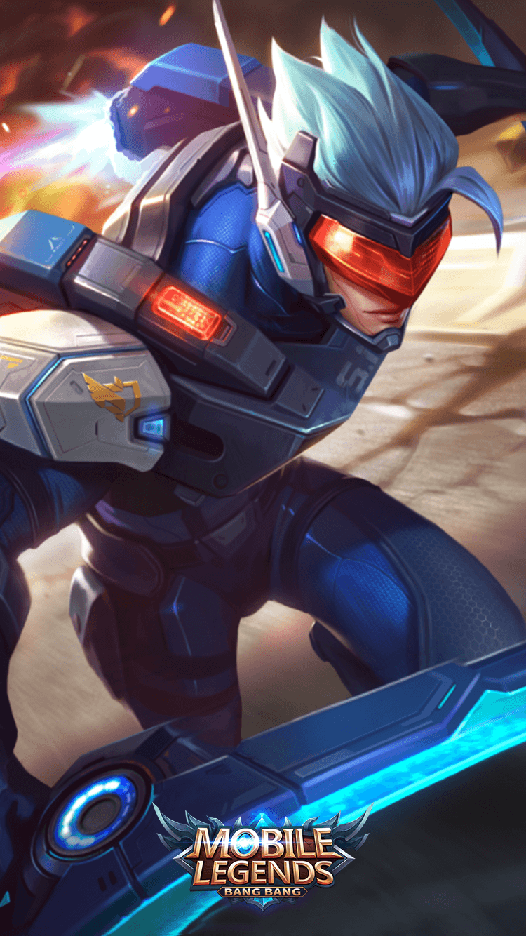 a character in mobile legends holding a sword Background — A futuristic blue armored warrior with glowing red visor and cyan hair charges forward with a glowing sword against fiery background.