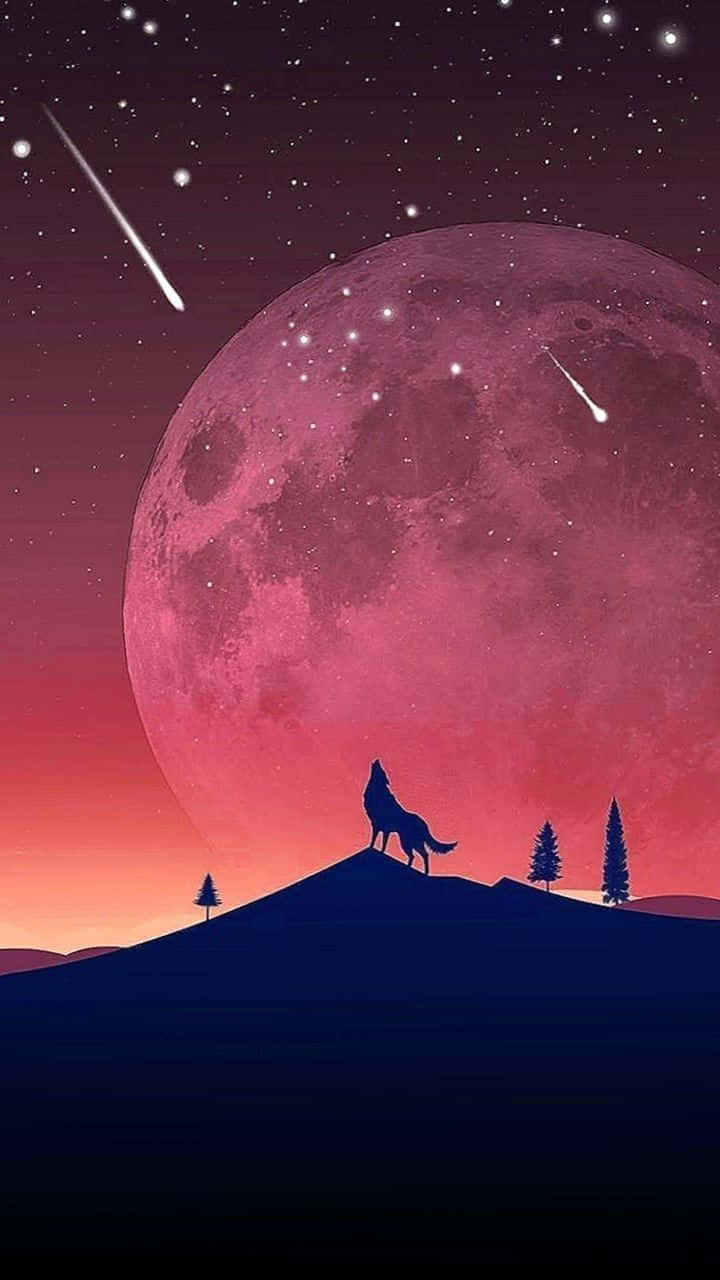 A Wolf Is Standing On A Hill With A Full Moon