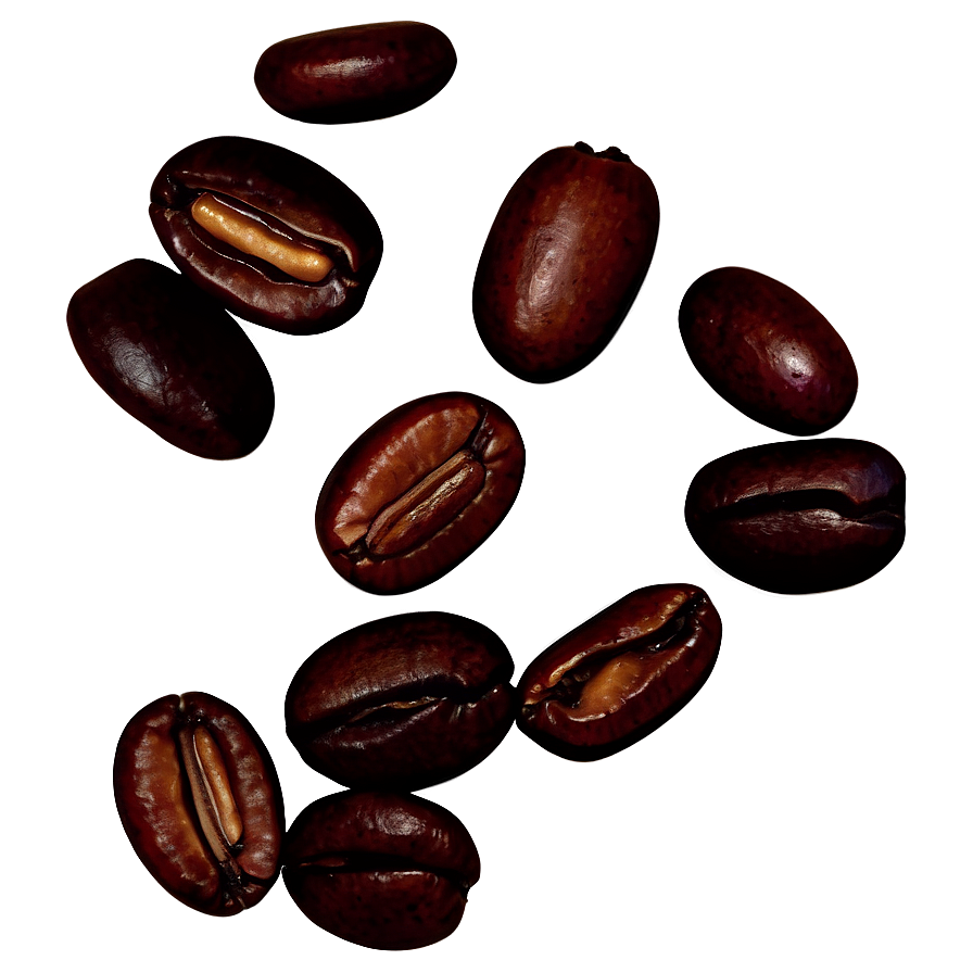 Mocha Java Coffee Beans PNG gfy PNG — Rich dark roasted coffee beans with glossy surfaces and visible inner creases scattered on a deep brown background.