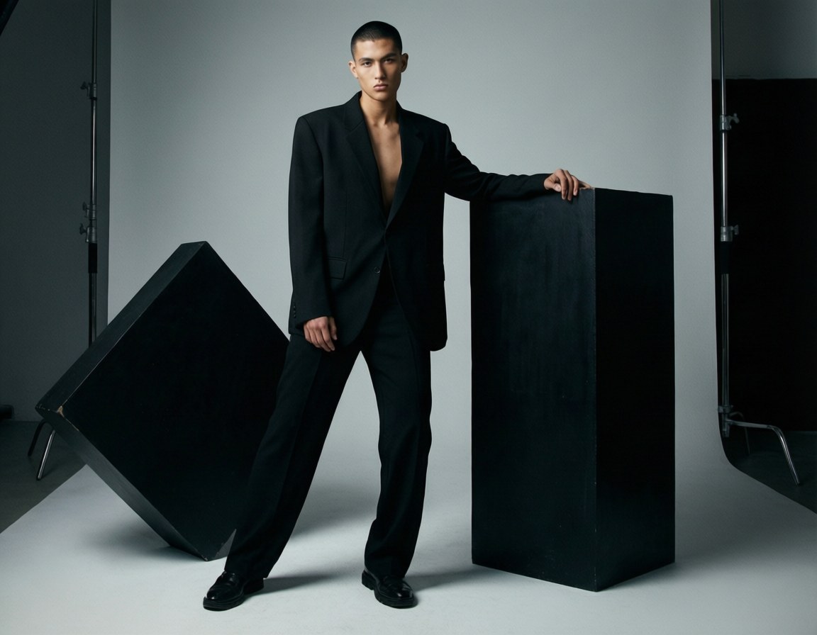 Fashion Editorial Studio Wallpaper — A man in a black suit stands confidently between two large black geometric blocks in a minimalist studio setting.