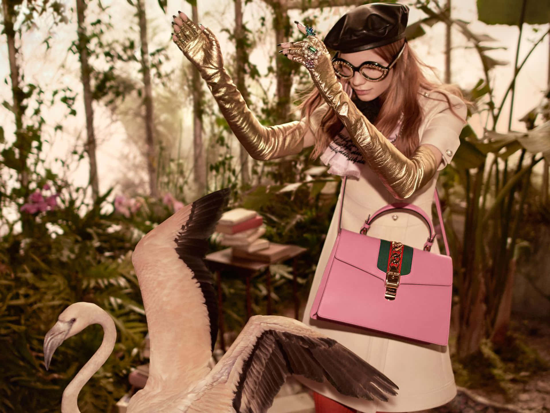 Model With Pink Flamingo Gucci 4k Wallpaper