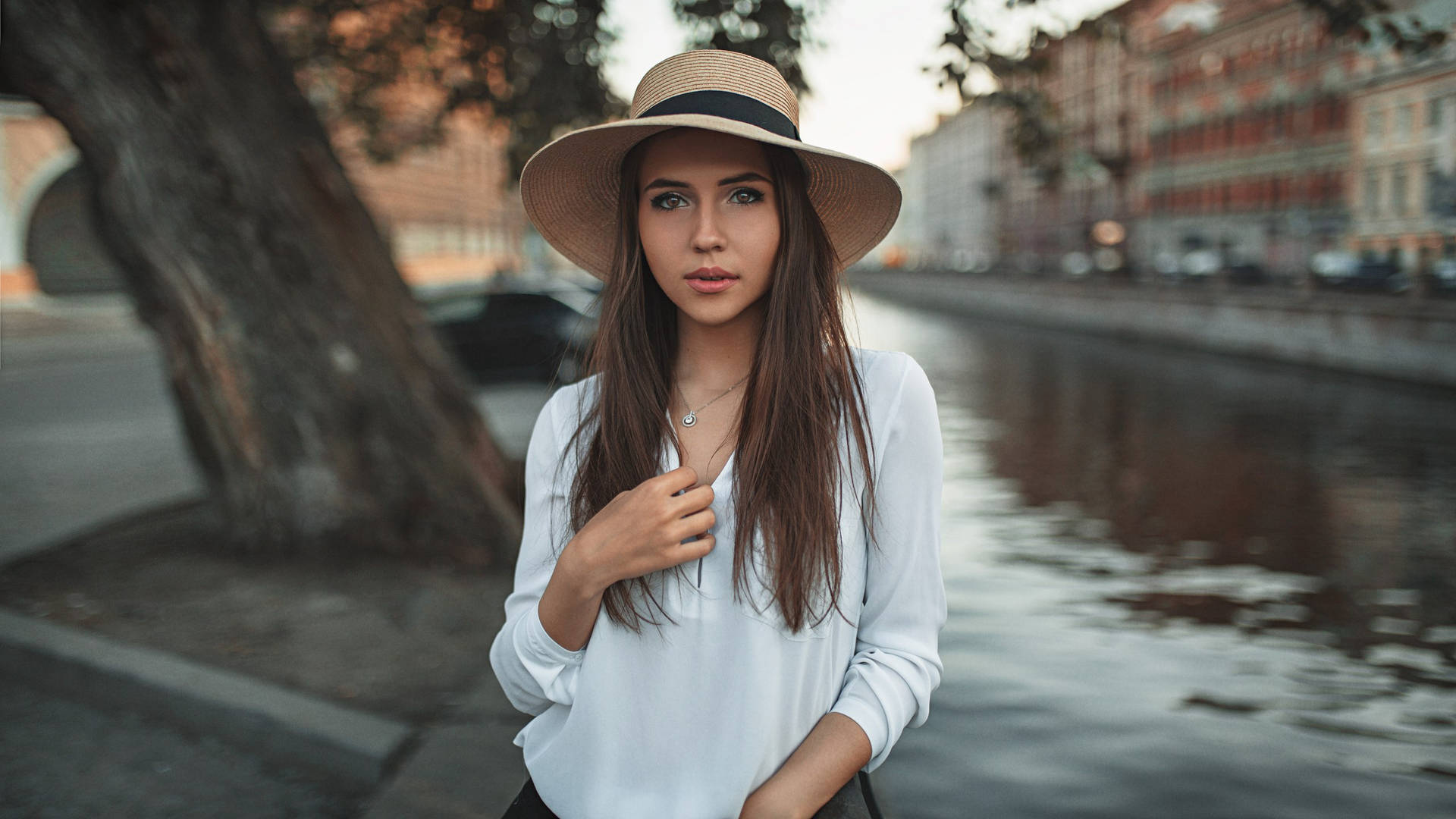 Model Women Veronika Avdeeva Wearing Brim Hat Background