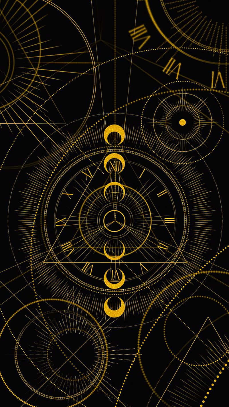 A Clock With Gold Lines On A Black Background Wallpaper