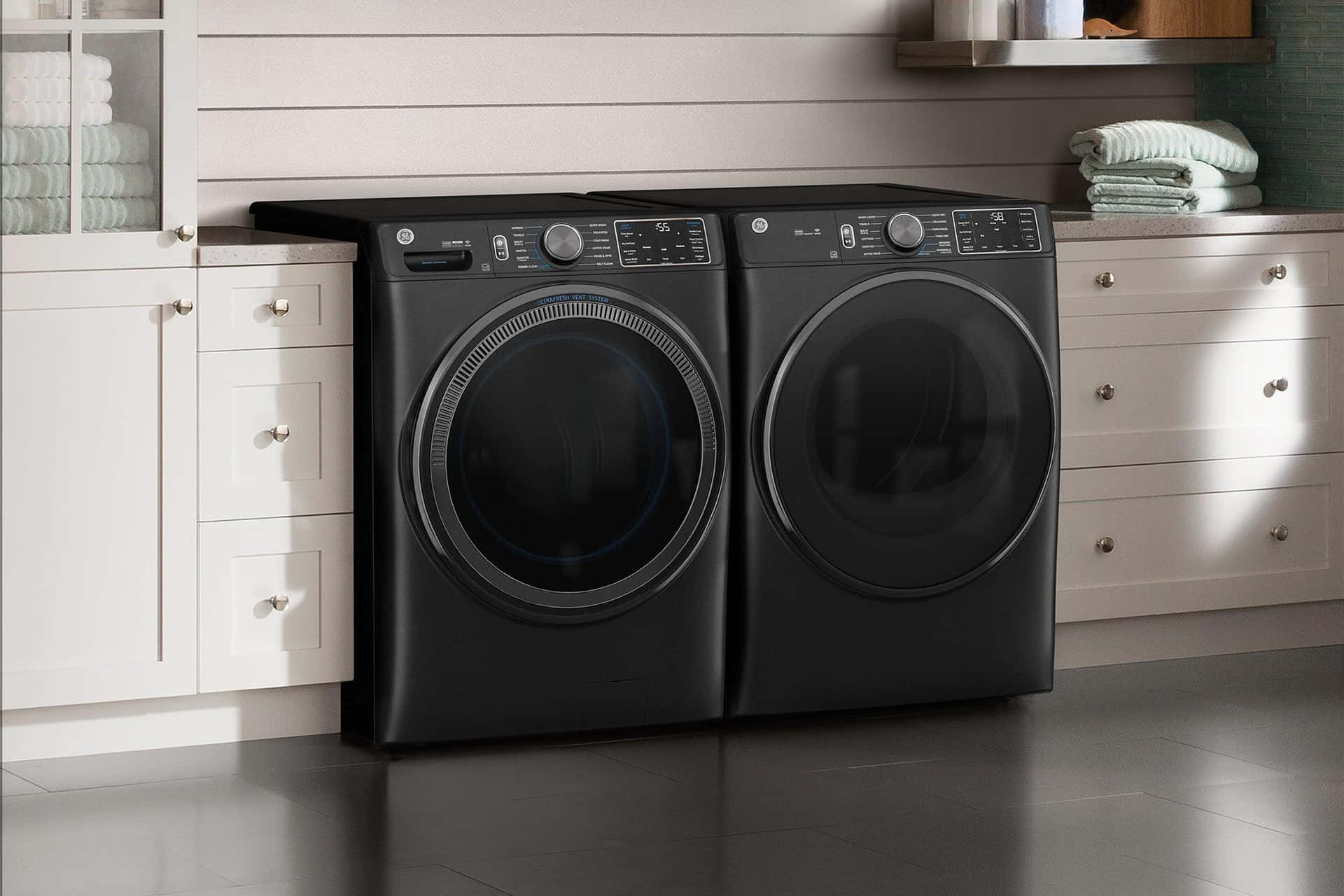Modern Black Washing Machineand Dryer Set Wallpaper