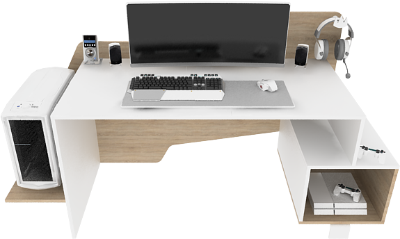 Modern Computer Desk Setup PNG — Modern minimalist white and wood gaming desk with monitor keyboard mouse speakers headset and console neatly arranged.