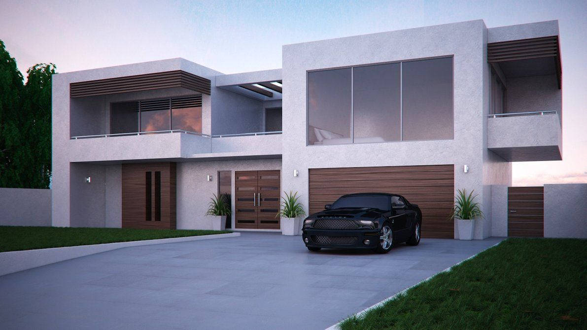 Caption: Elegant Modern House with Sleek Black Car Wallpaper