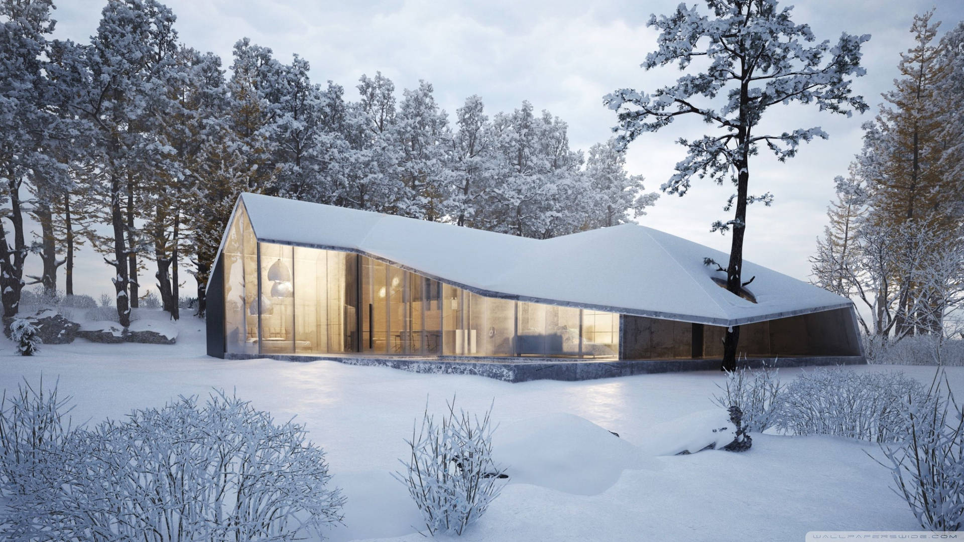 Modern House in Snow Wallpaper