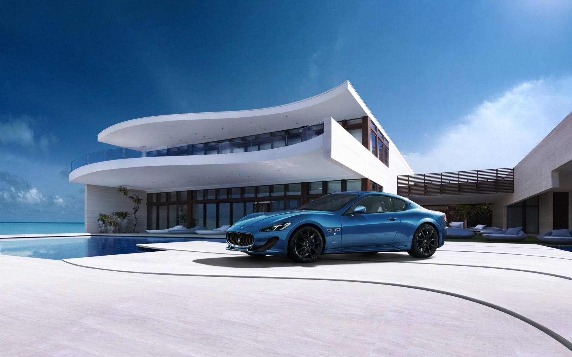 Modern House With Blue Car Wallpaper