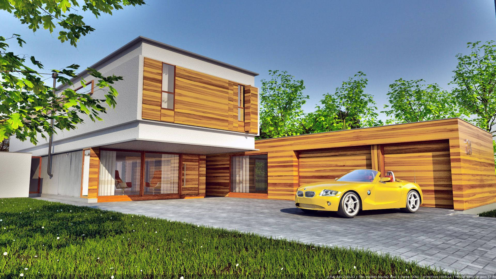 Modern House Yellow Car Wallpaper
