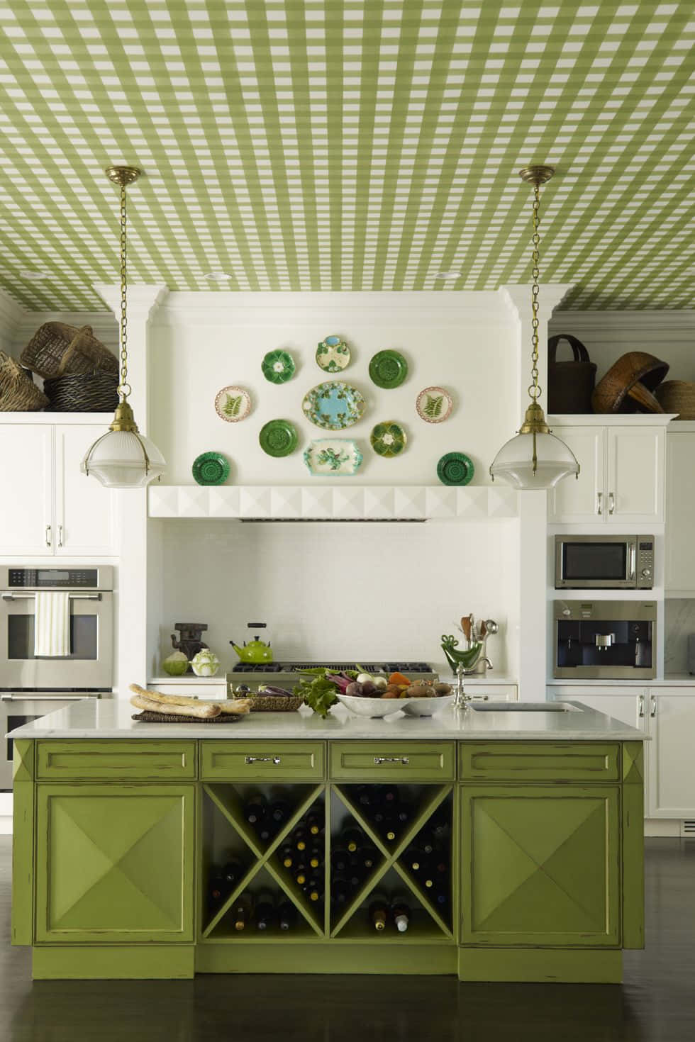 Green Kitchen With White Cabinets And Green Ceiling Wallpaper