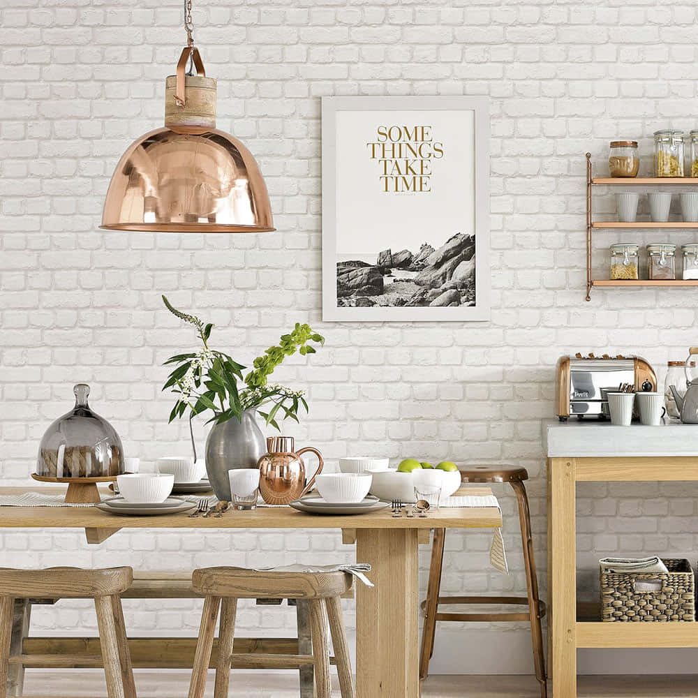A White Brick Wall In A Kitchen Wallpaper