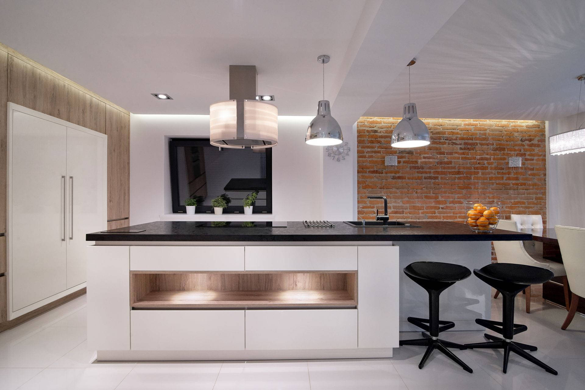 Modern Kitchen Design With Brick Wall Wallpaper