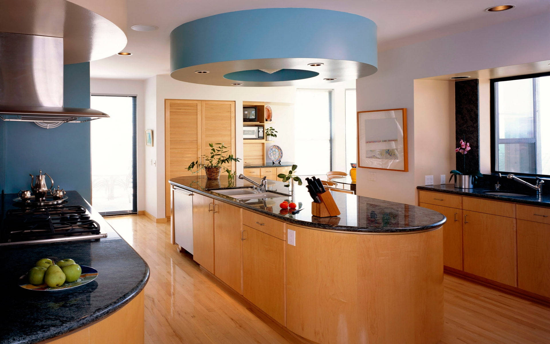 Modern Kitchen Design With Marble Island Wallpaper