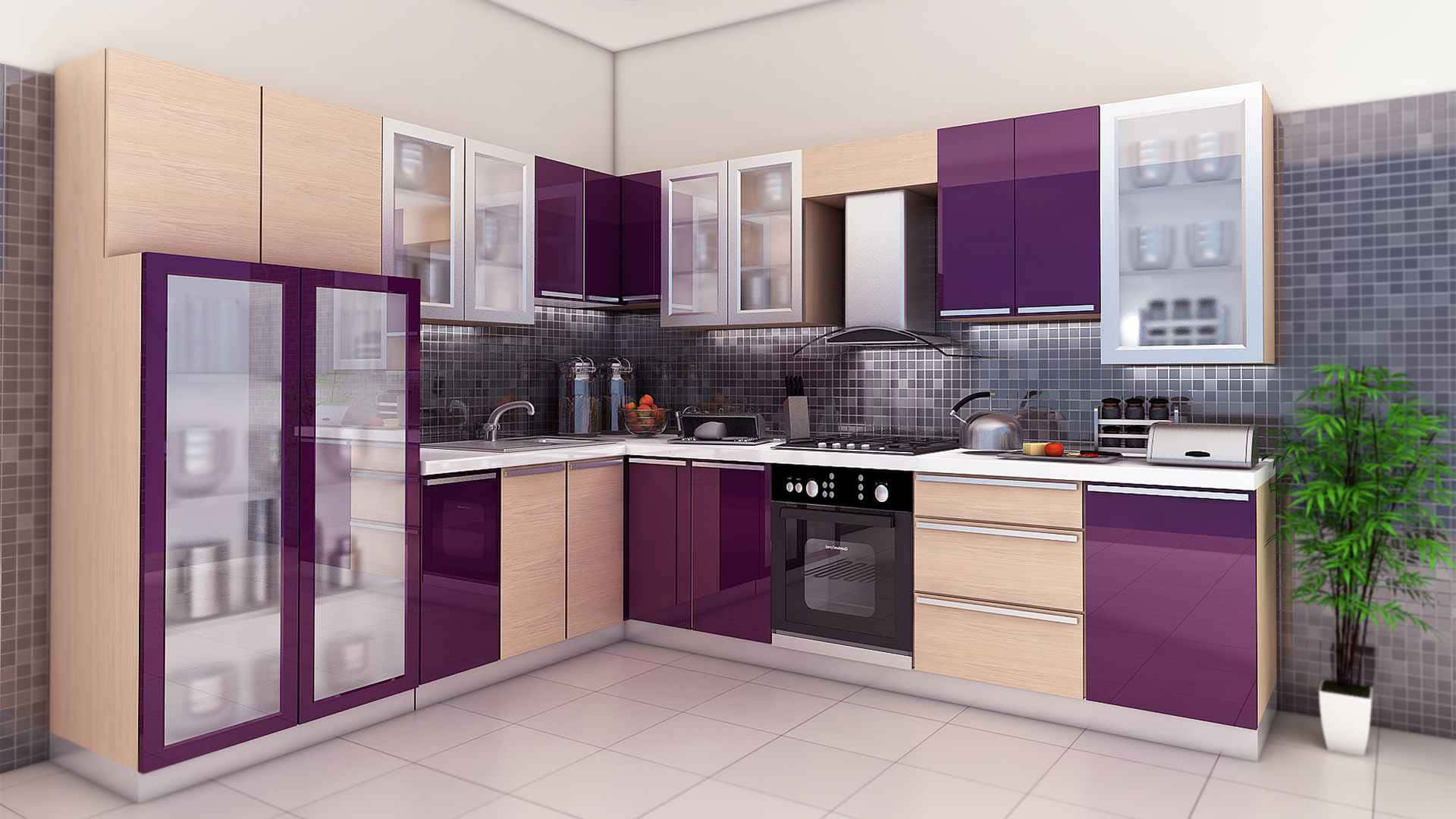 A Kitchen With Purple And Beige Cabinets Wallpaper