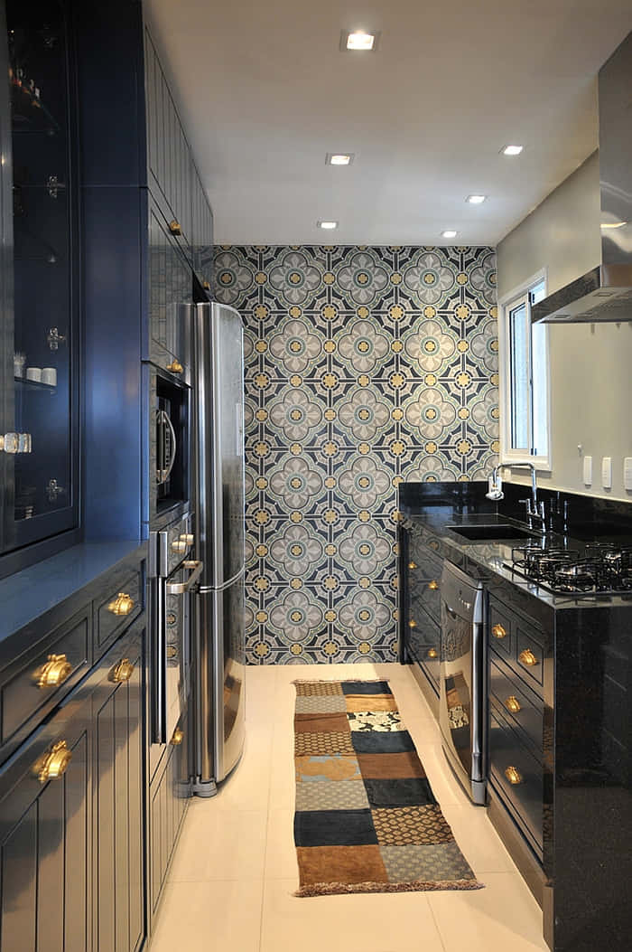 A Kitchen With A Blue Tiled Floor Wallpaper