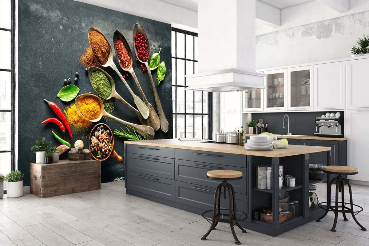 Modern Kitchenwith Spices Artwork Wallpaper