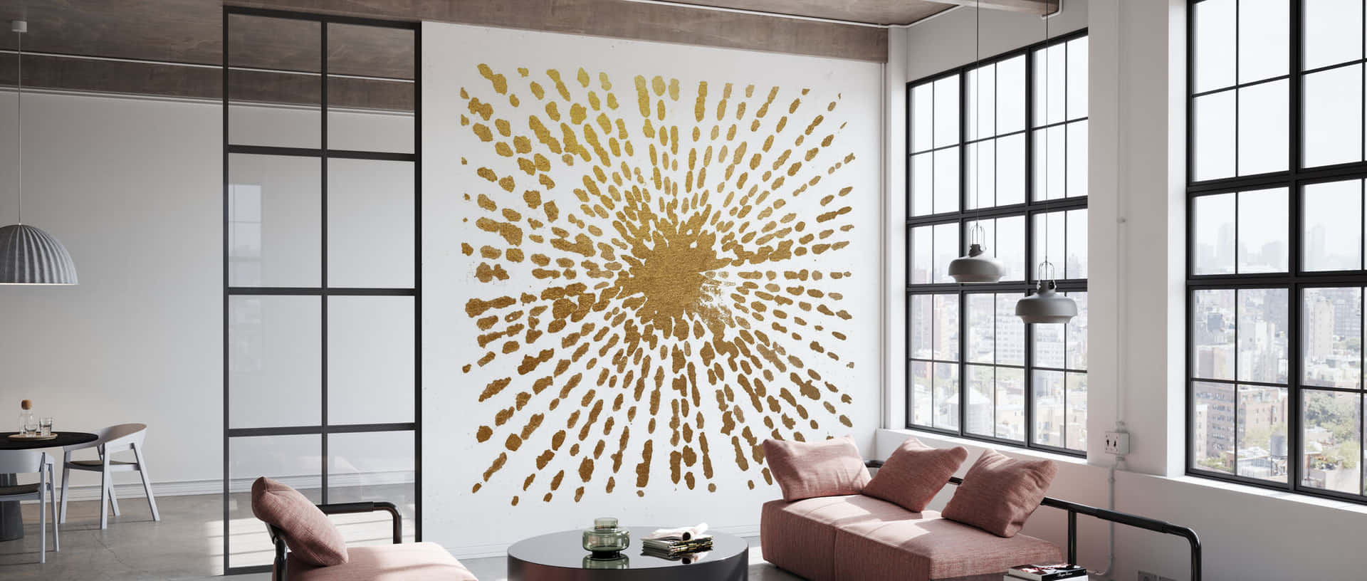 Modern Living Room Gold Starburst Artwork Wallpaper
