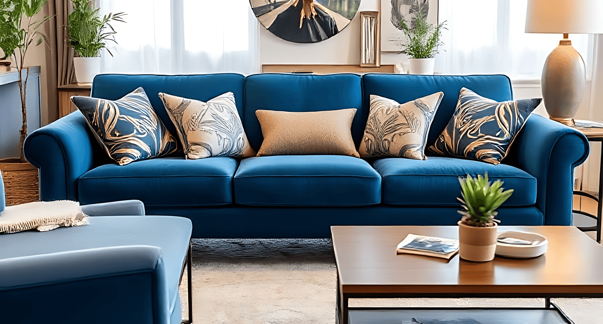 Modern Living Room Interior With Blue Sofa And Wooden Table Wallpaper