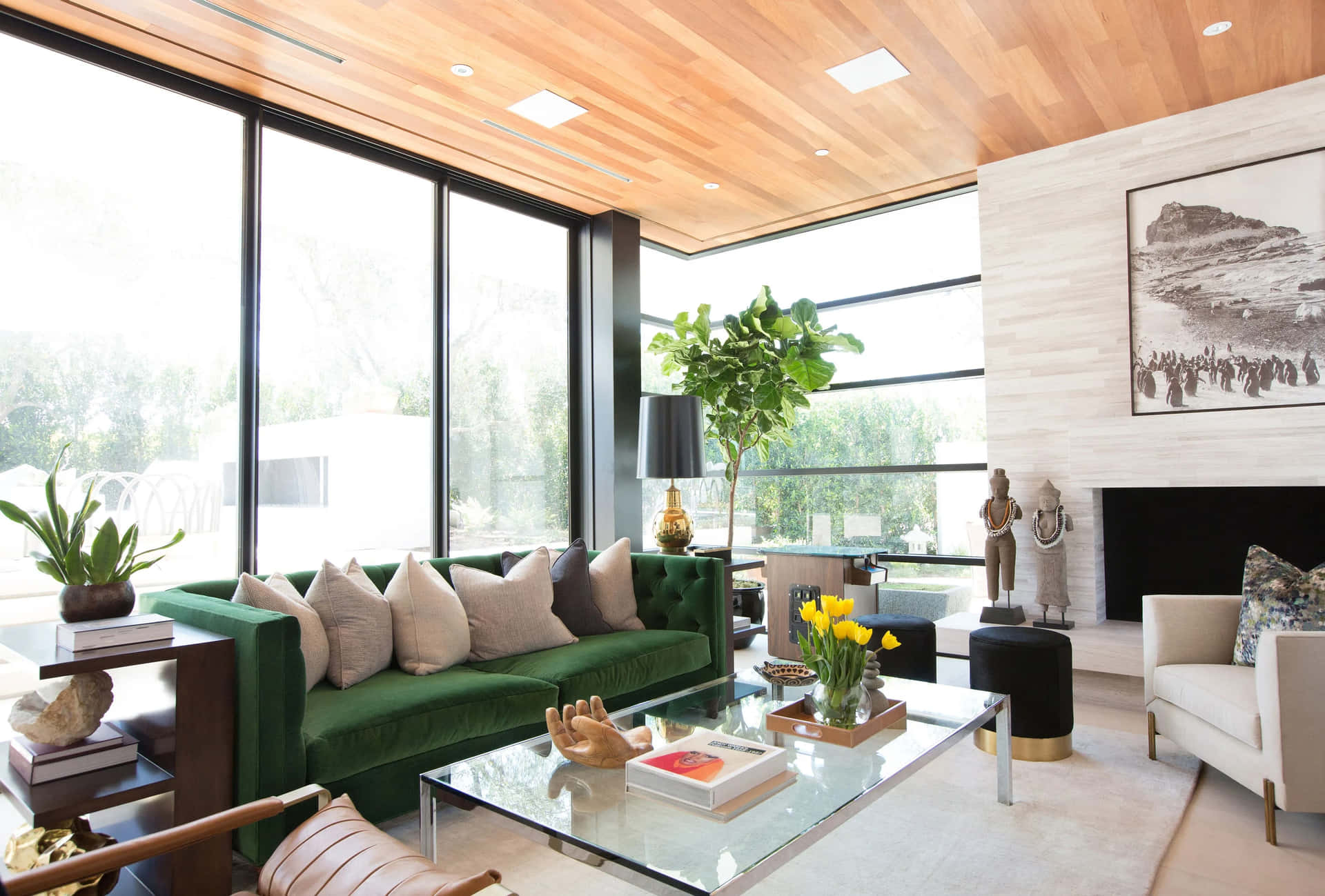 Moderne Woonkamer Met Groene Bank En Houten Plafond Achtergrond