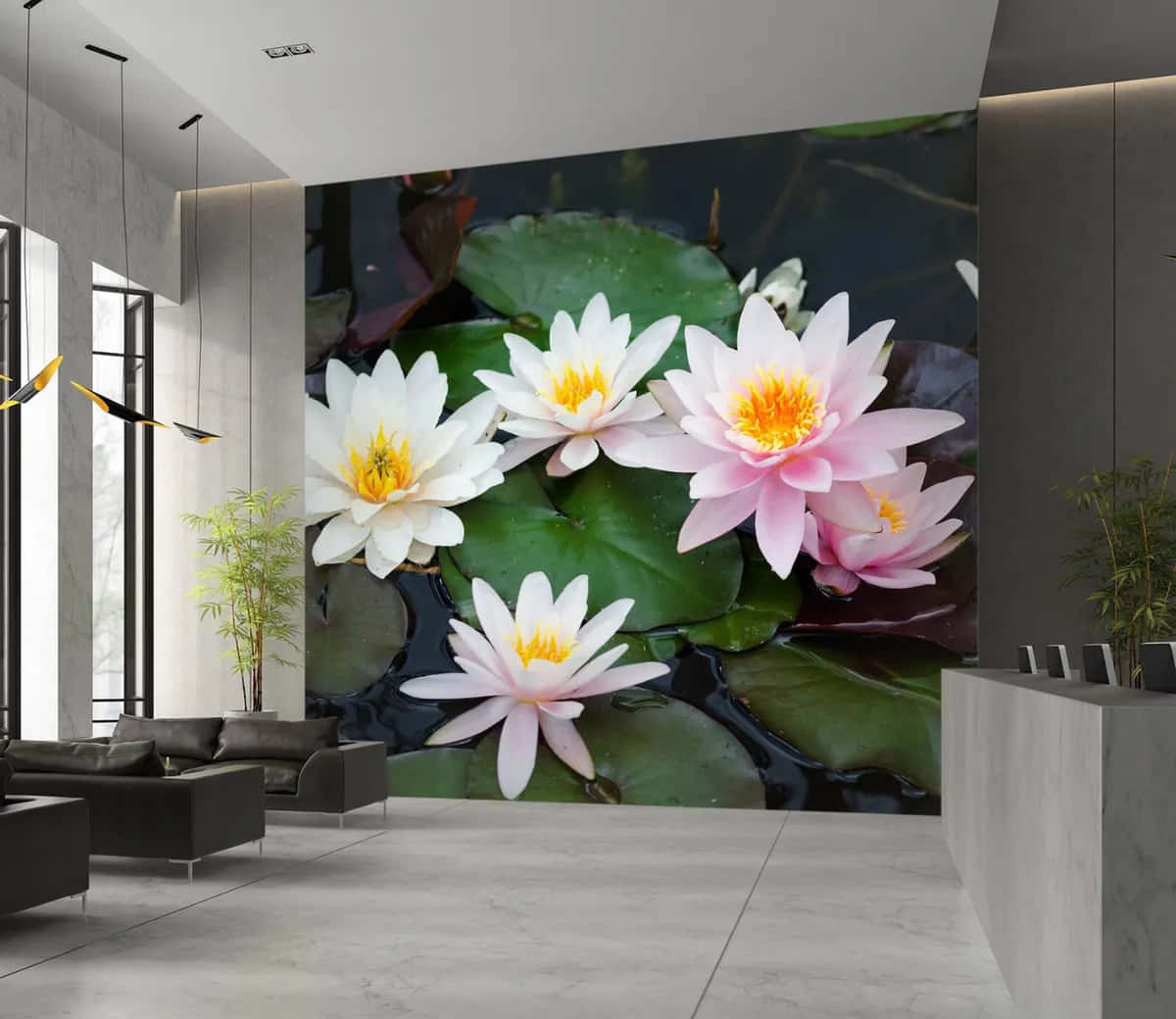 Modern Living Roomwith Lotus Wall Art Wallpaper