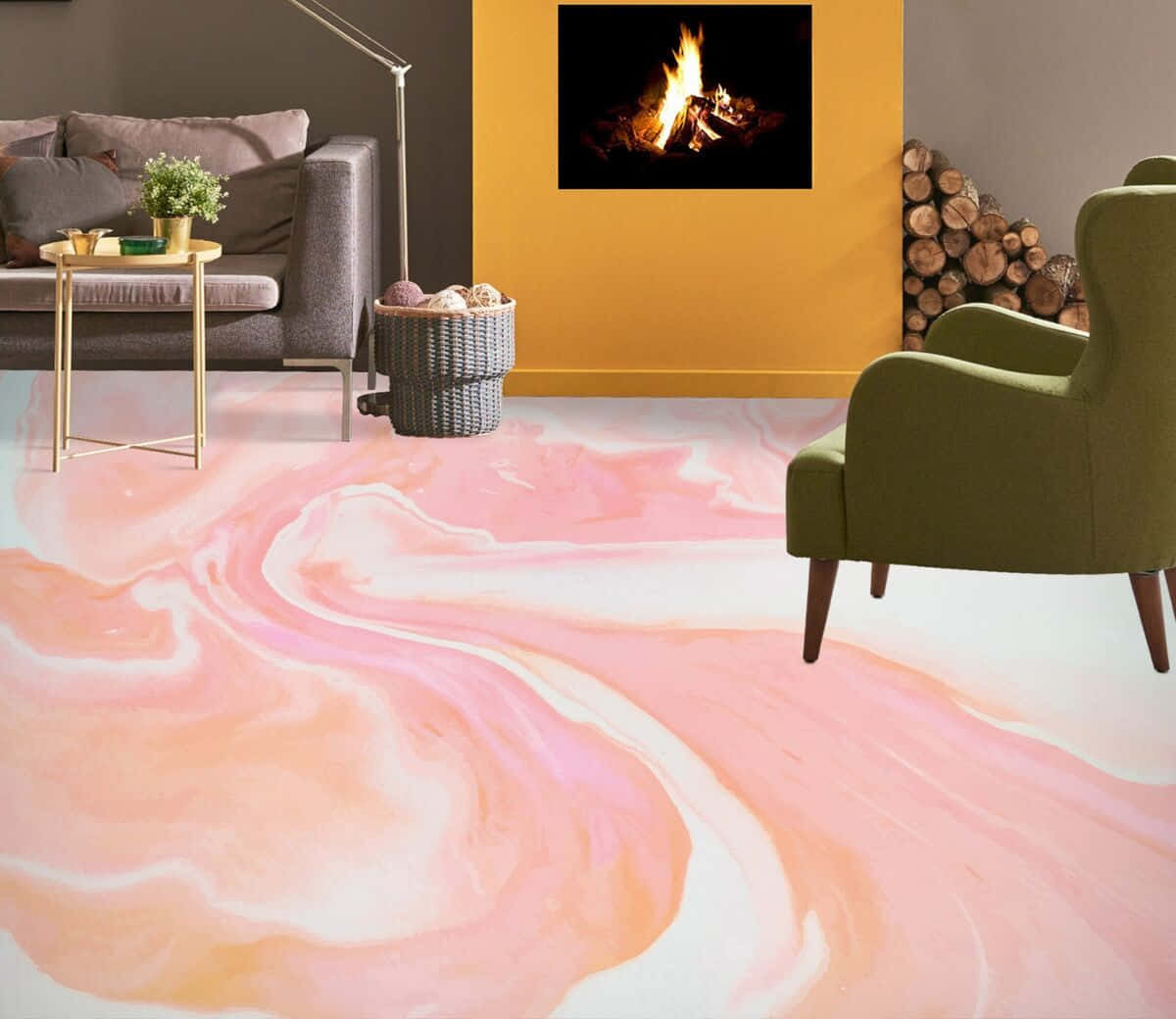 Modern Living Roomwith Pink Marble Flooring Wallpaper