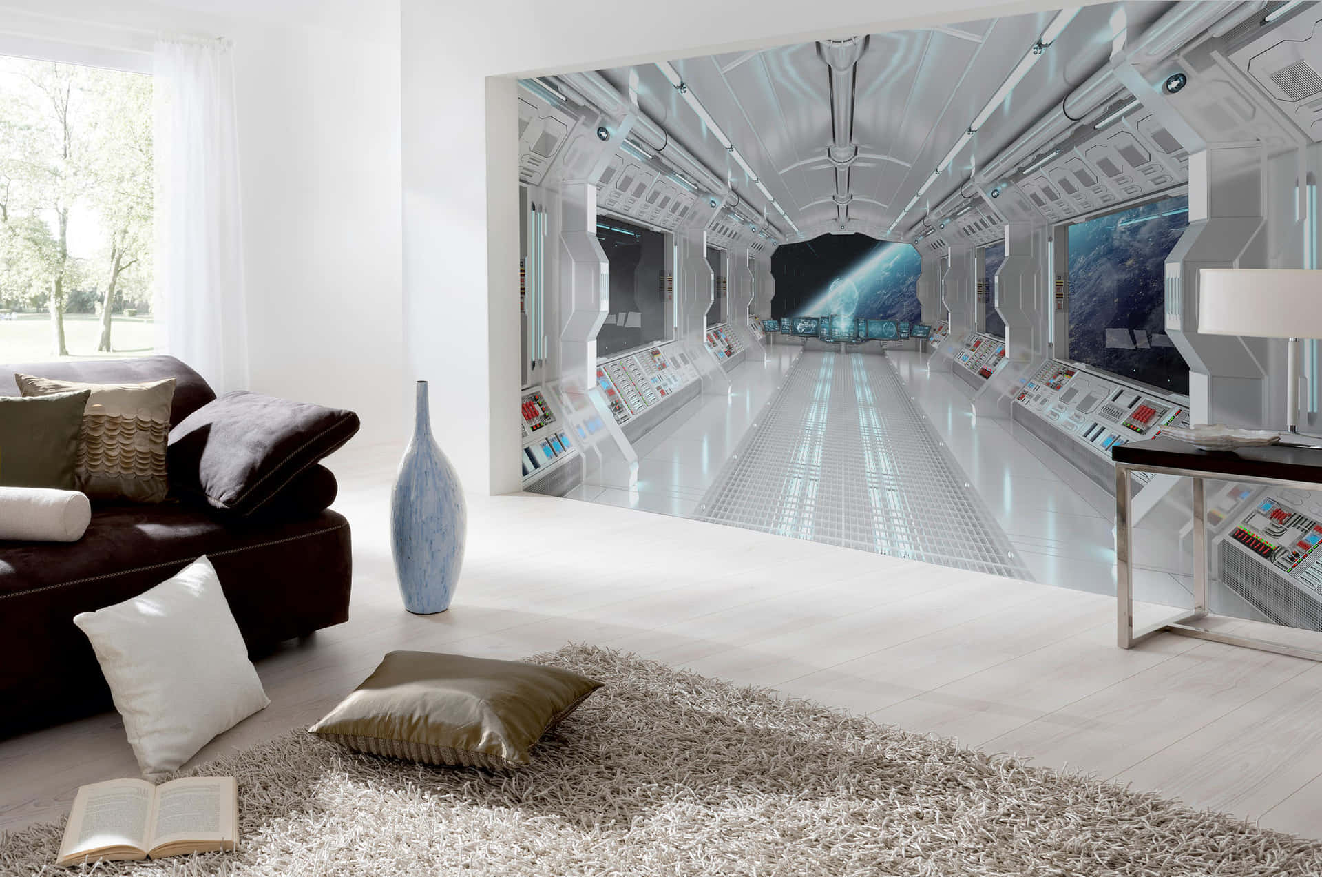 Modern Living Roomwith Spaceship View Wall Mural Wallpaper