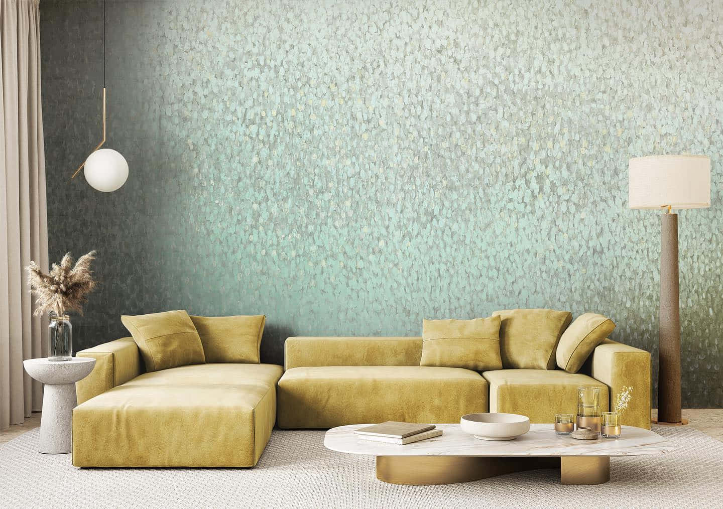 Modern Living Roomwith Velvet Sofaand Textured Wall Wallpaper