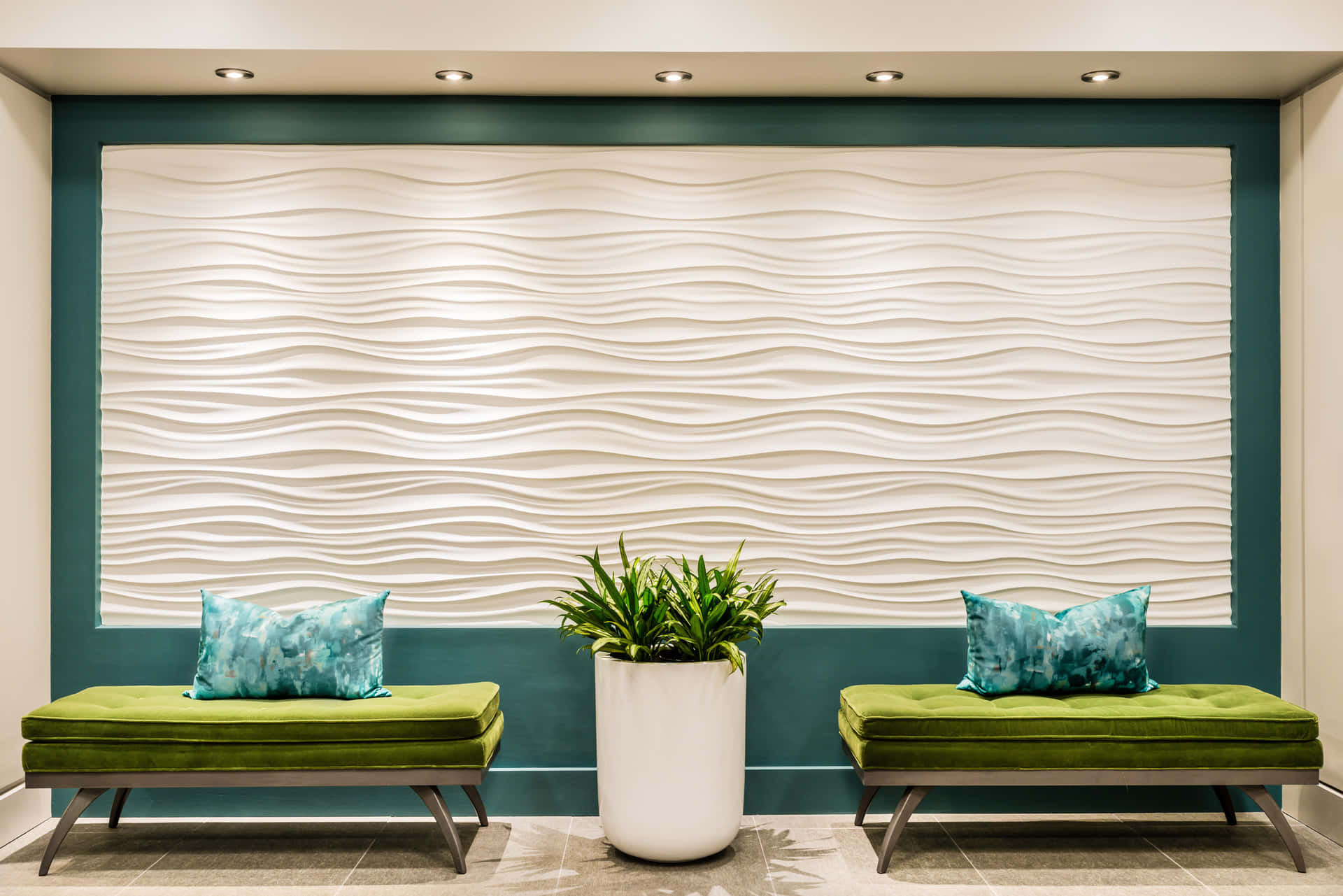Modern Lobby Interior With Wave Wall Design Wallpaper