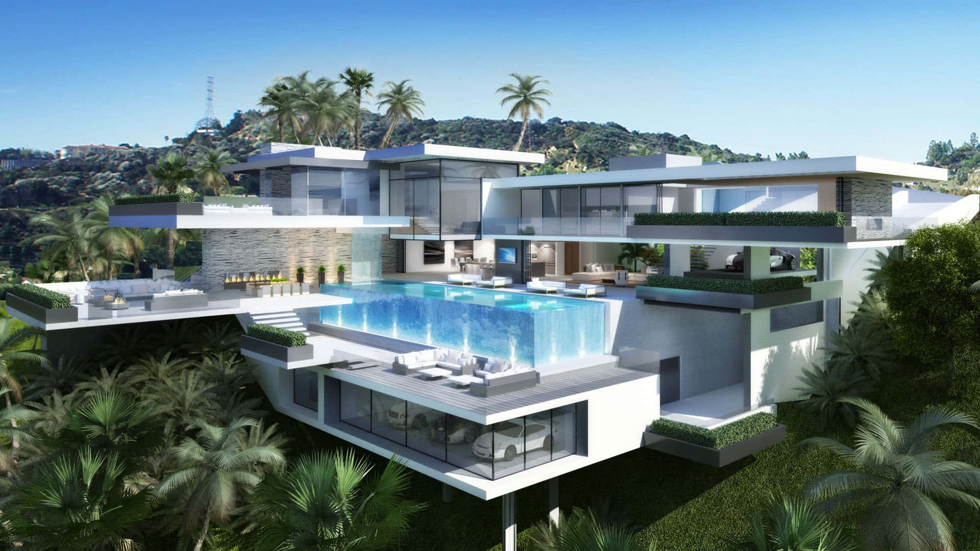 Download Modern Mansion With Big Pool Wallpaper 