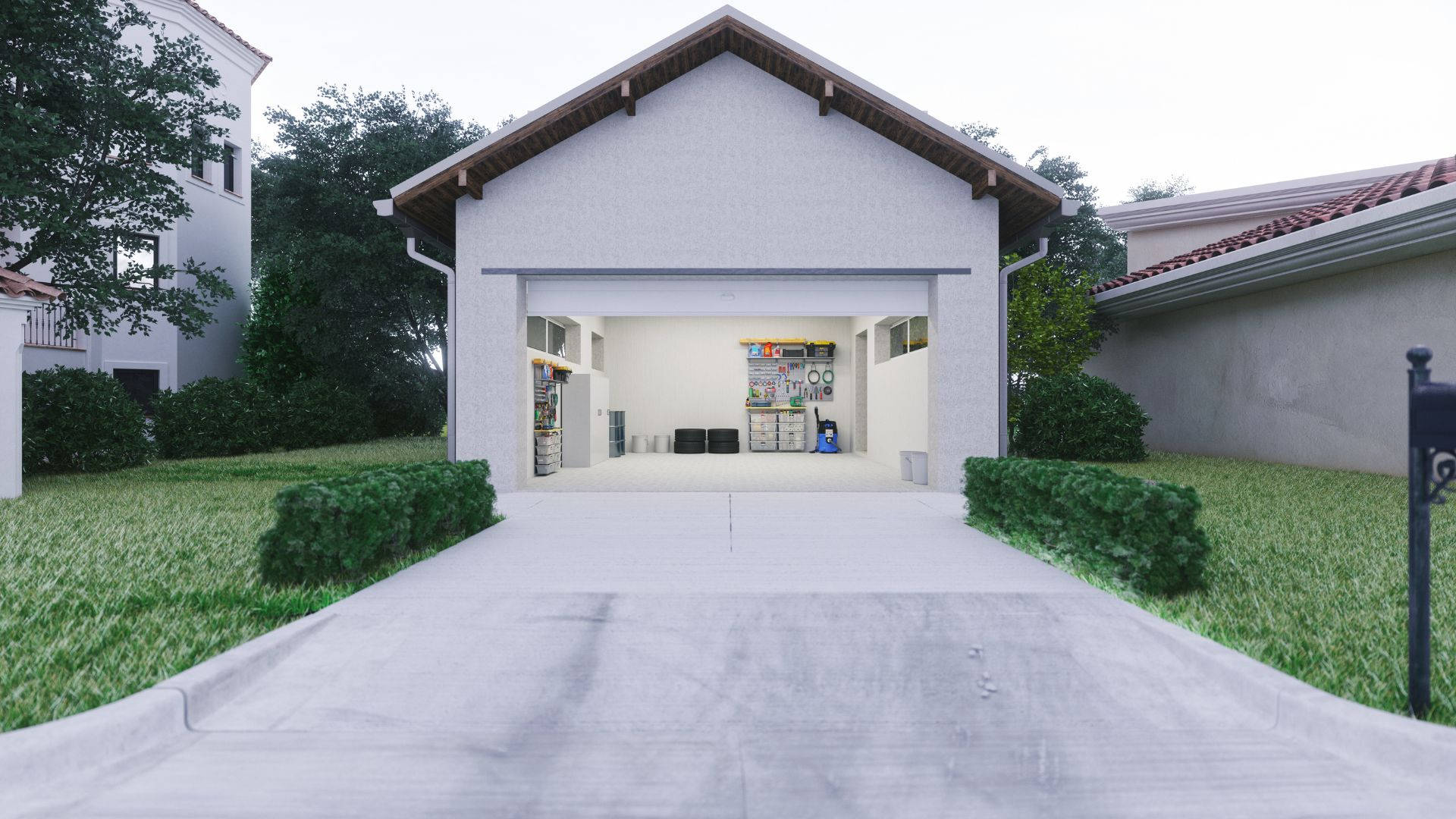 Modern Minimalist Open Garage Concrete Driveway Picture