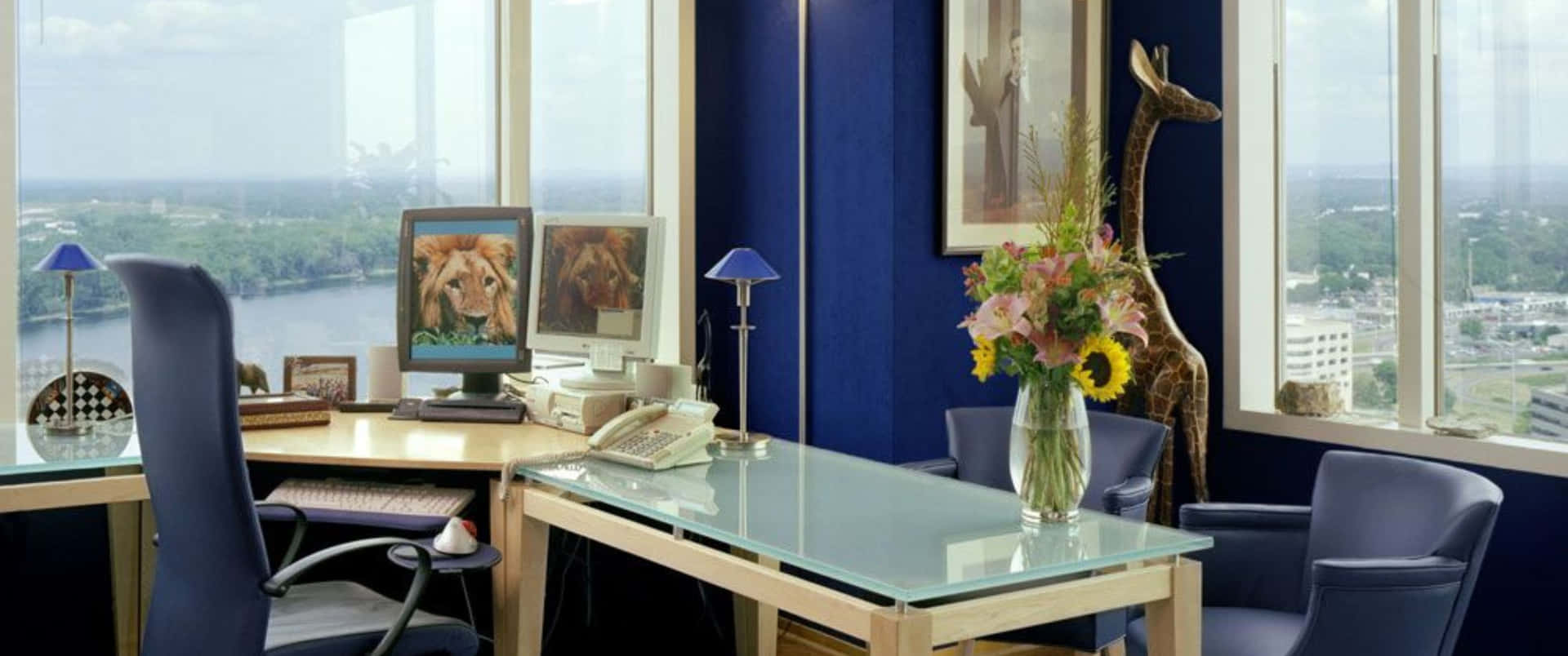 A Blue Office With A Desk And Chair