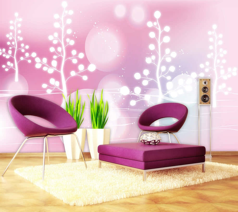 Modern Pink Living Room Illustration Wallpaper