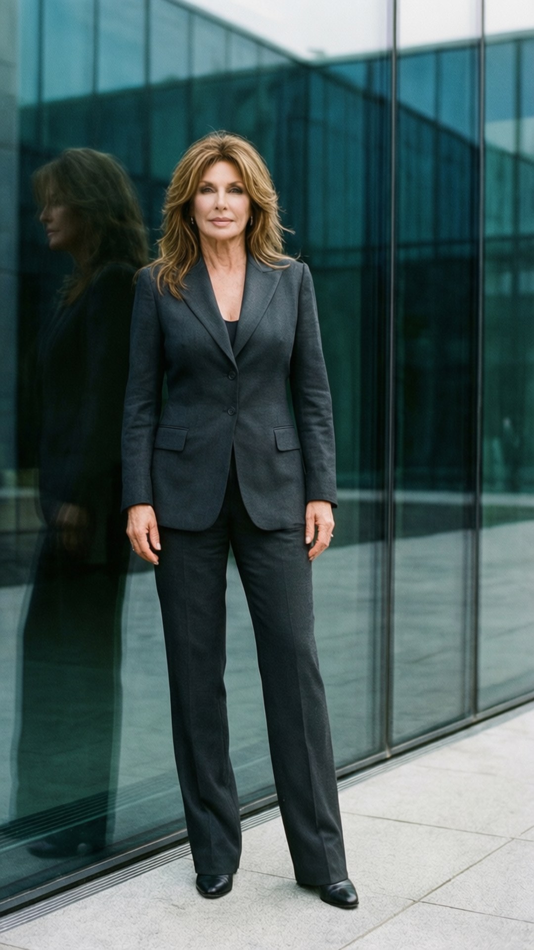 Paulina Porizkova i en buksedress i en glassbygning, selvsikker og profesjonell med minimalistisk arkitektur.