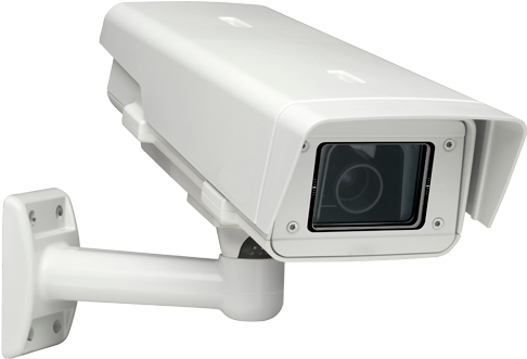 Modern Security Camera PNG — A sleek white security camera mounted on a bracket against a black background.