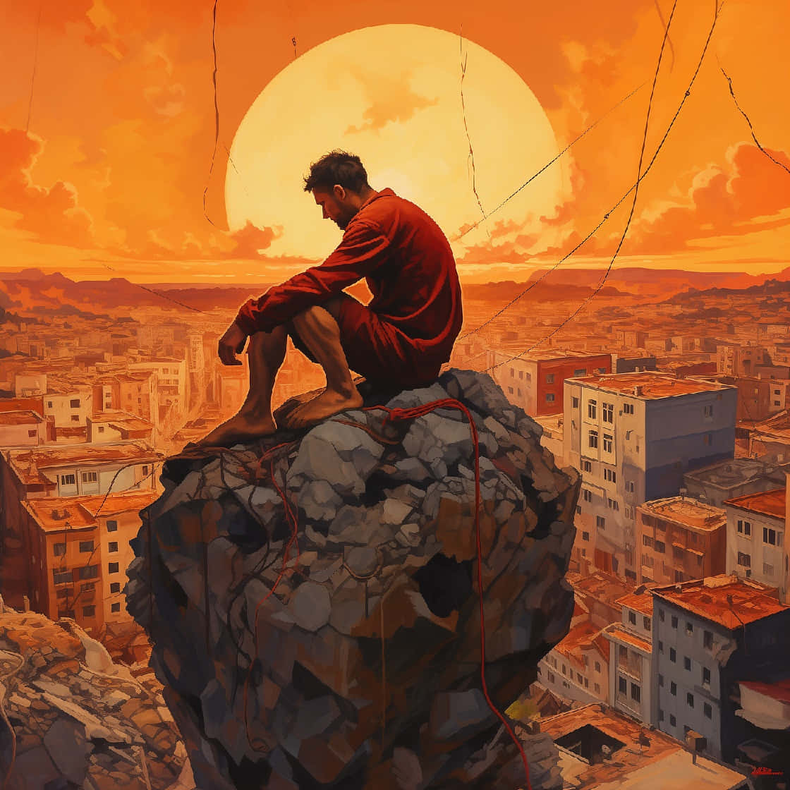 Modern Sisyphus Resting Above Cityscape Wallpaper