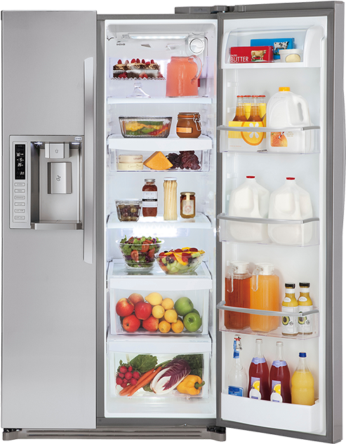 Modern Stainless Steel Refrigerator Fullof Food PNG