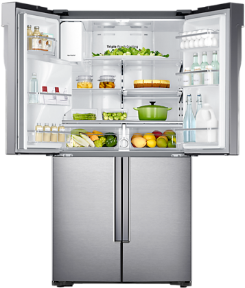 Modern Stainless Steel Refrigerator Stockedwith Food PNG