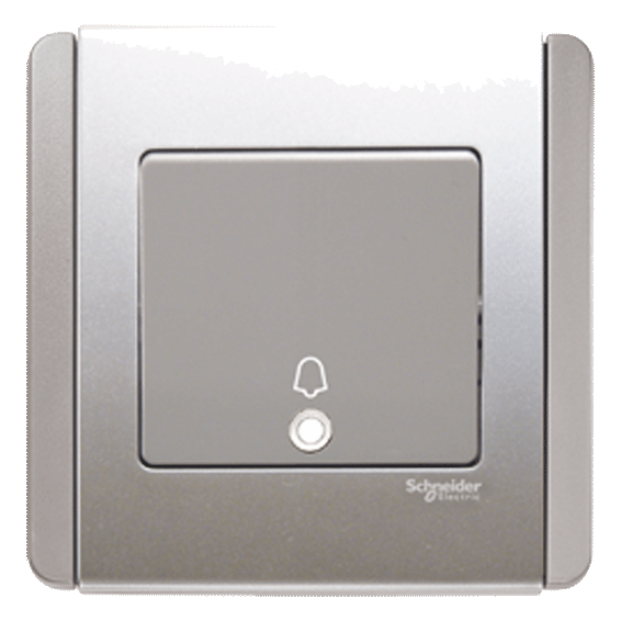 Modern Wall Light Switch PNG — A sleek silver Schneider Electric wall-mounted call button with a bell icon and brand logo.