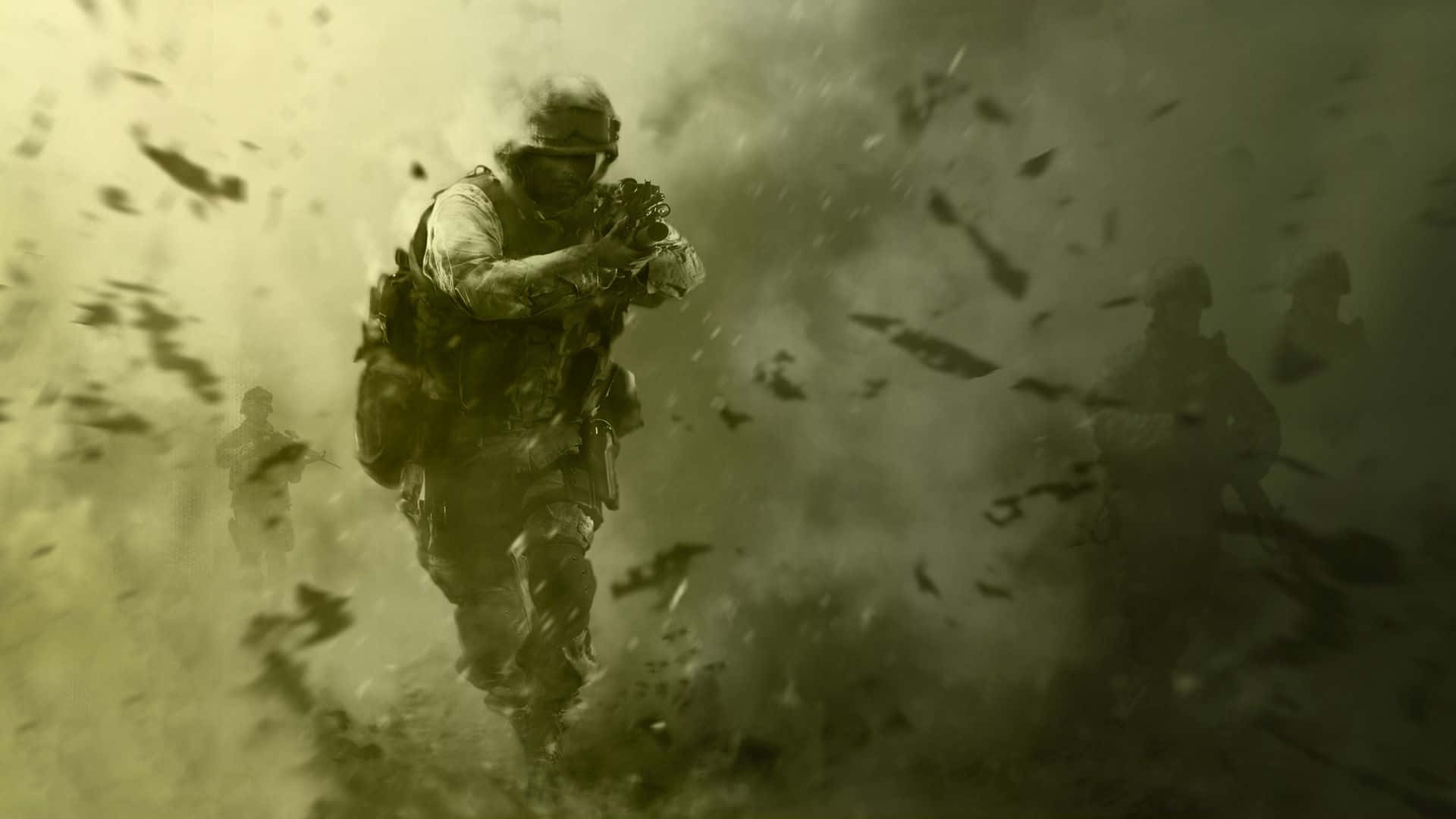 Modern Warfare Soldier Advancing Through Debris Wallpaper