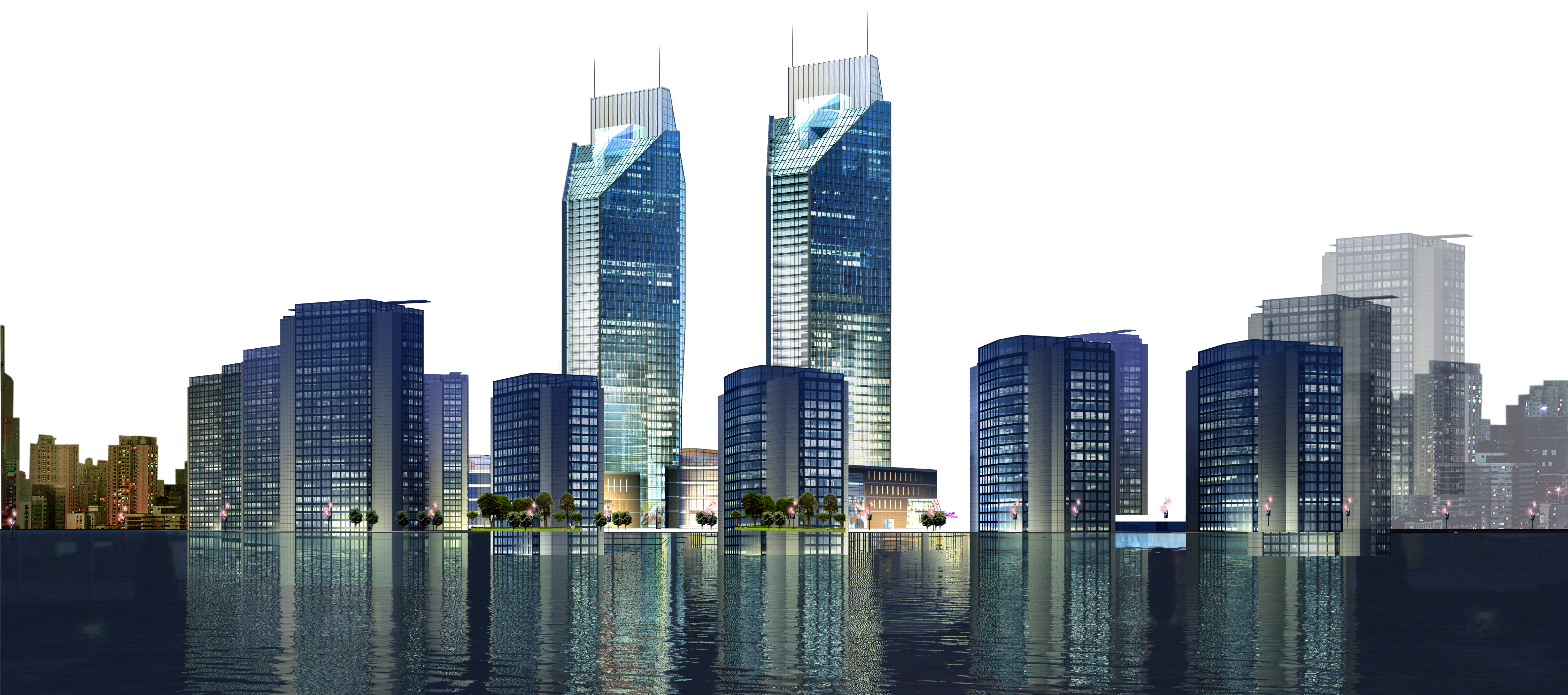 Modern Waterfront Skyscrapers Night View PNG