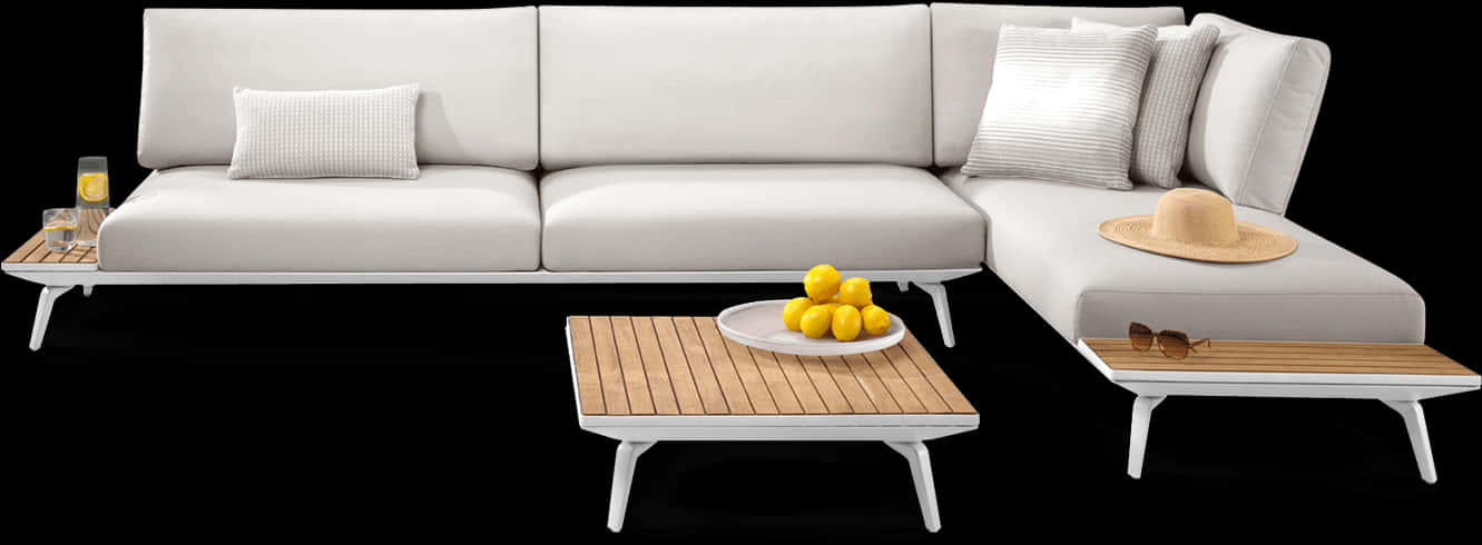 Modern White Sectional Sofaand Coffee Tables PNG