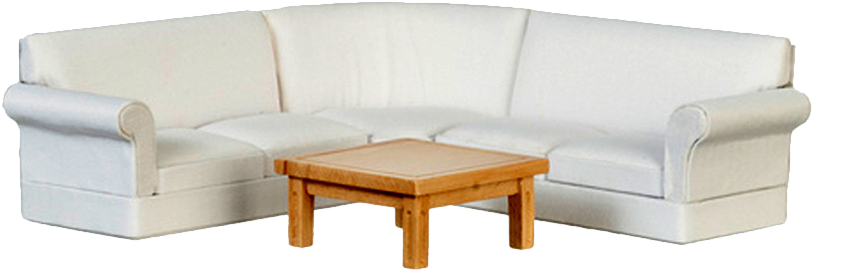 Modern White Sofaand Wooden Coffee Table PNG