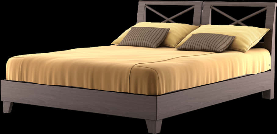 Modern Wooden Bedwith Golden Bedding PNG