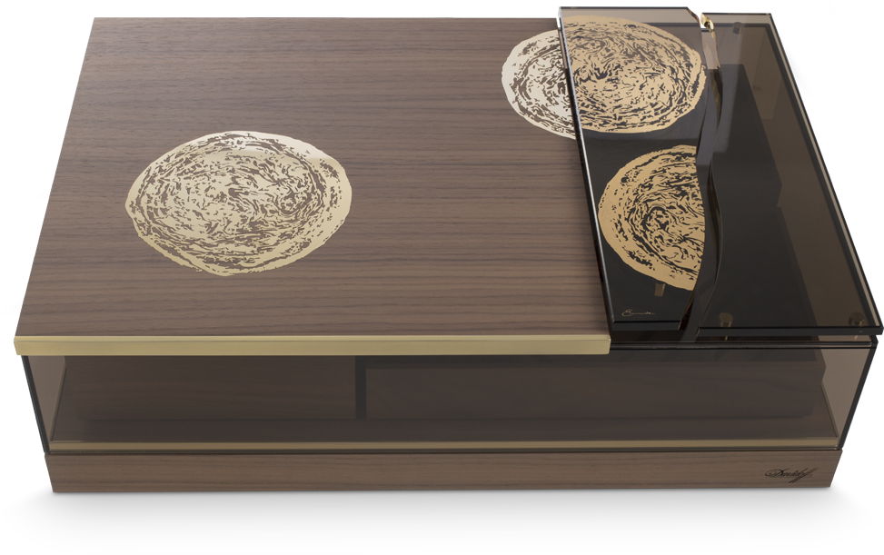 Modern Wooden Coffee Tablewith Decorative Plates PNG