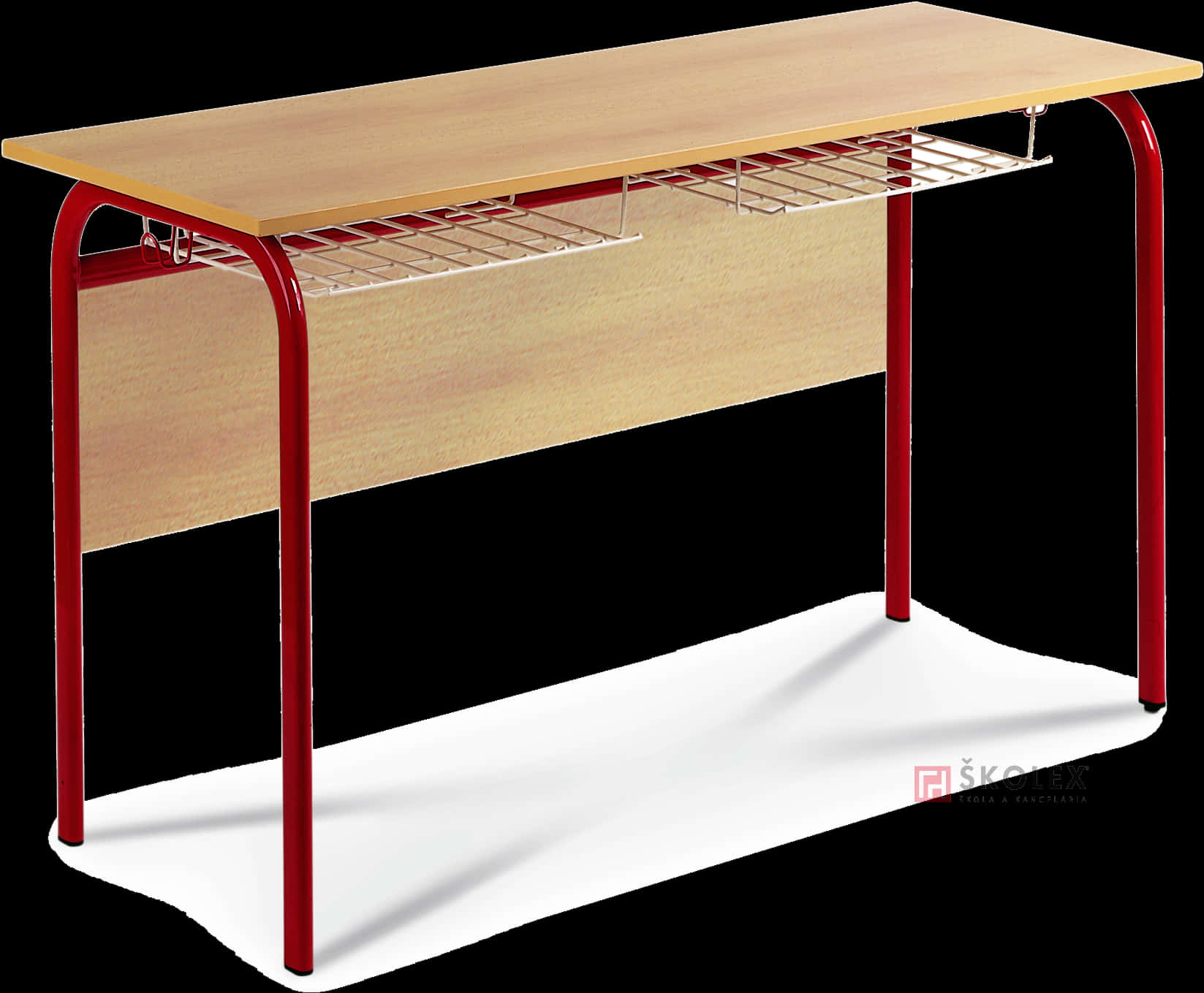 Modern Wooden Deskwith Red Metal Legsand Shelf PNG