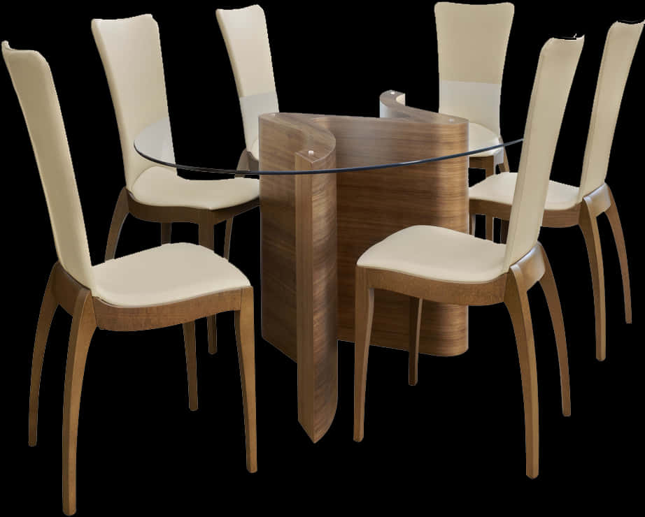 Modern Wooden Dining Setwith Glass Top PNG