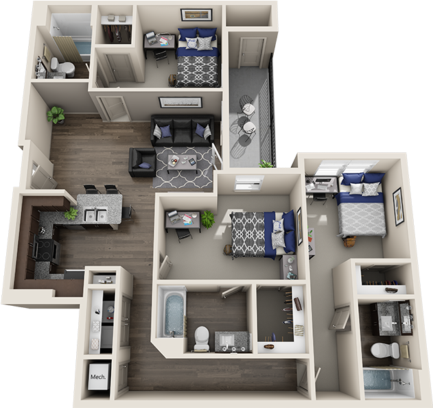 Modern2 Bedroom Apartment Layout PNG